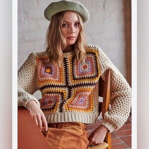 Colorful Crochet Sweater Ghanda Granny Square S NEW Chunky Crewneck Retro 70's